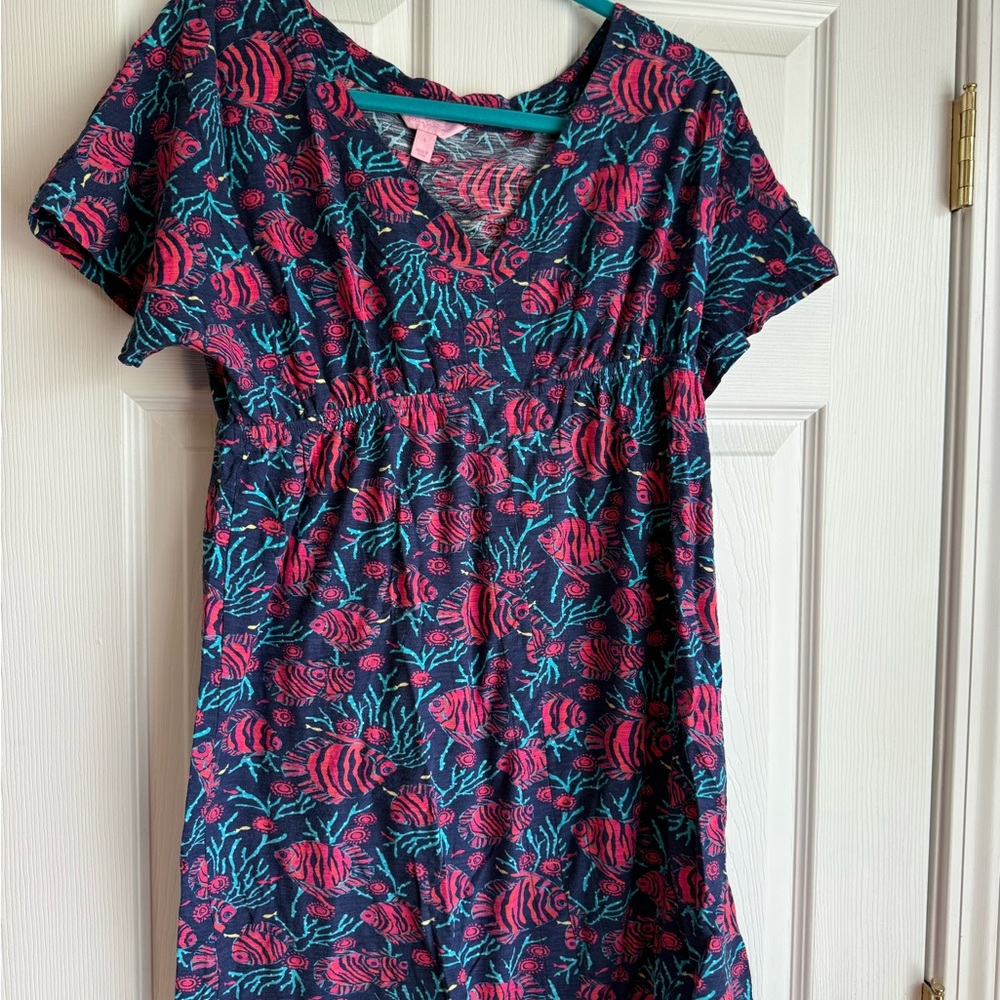 Women’s Navy Floral Print V-Neck Dress- Pink & Teal